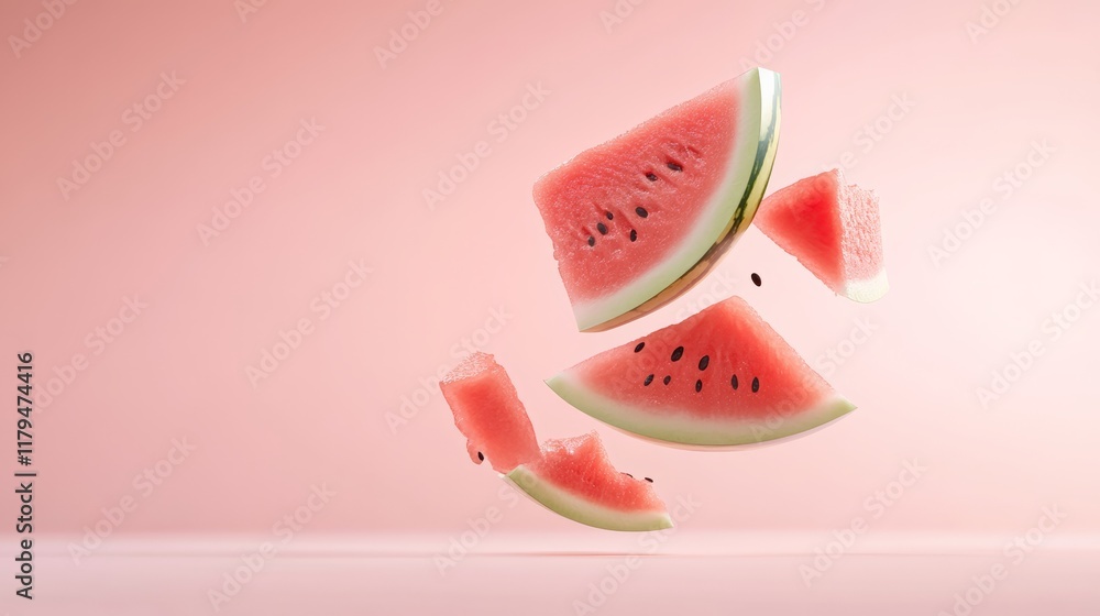 Aufkleber several slices of fresh, ripe watermelon with visible seeds are levitating against a vibrant pink ba