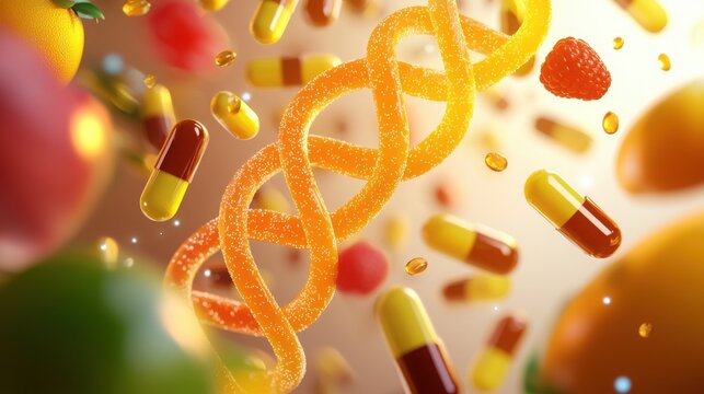 Vibrant cartoon dna helixes intertwined with healthy fruits and capsules in a colorful scene digital art whimsical close-up health concept