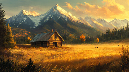 Charming Rustic Cabin Amidst a Picturesque Landscape with Snowy Mountains