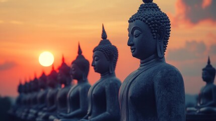 A serene row of Buddha statues against a sunset backdrop, symbolizing peace and reflection.