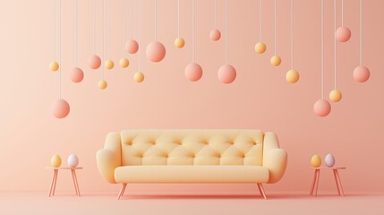 Soft Pastel Living Room with Floating Spheres and Cozy Sofa
