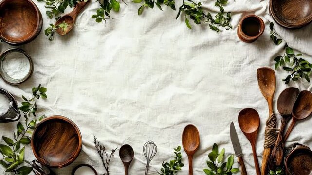 Natural wooden kitchen utensils and bowls on linen tablecloth with fresh greenery accents