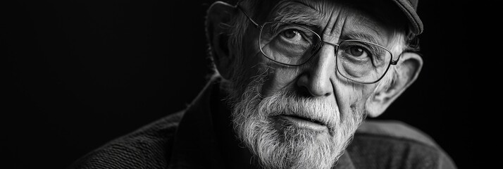 Obraz premium A serious elderly man captured in black and white, reflecting deep thoughts.