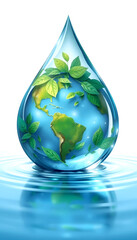 Illustration of earth in water drop shapewith green leaves, concept of world water day, created with, Dreamy, with white tones