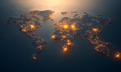 Illuminated world map at night, showing global connectivity and urbanization.