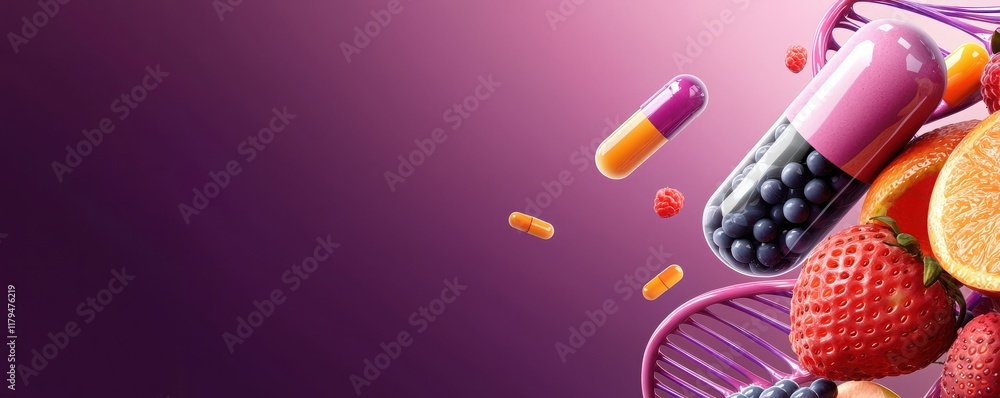 Poster playful capsules filled with dna strands and fruity elements science lab digital art colorful enviro