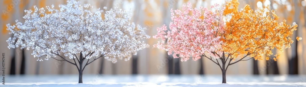 Poster enchanting spring scene a forest clearing filled with spring blossoms, sunlight filtering through le