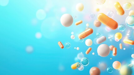 Molecules of food and pills in motion digital art colorful background science concept abstract viewpoint