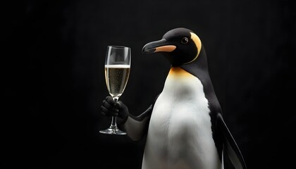 Fototapeta premium Stylish penguin tuxedo event raising a champagne glass, with a dark, classy background