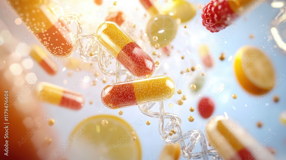 Poster bursting transparent capsules with dna helixes amidst colorful elements science concept laboratory e