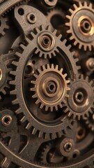 Close-up of intricate clockwork gears meshing, steel, texture