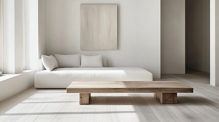 Minimalist living room with wooden coffee table, sunlight, white sofa, and artwork.