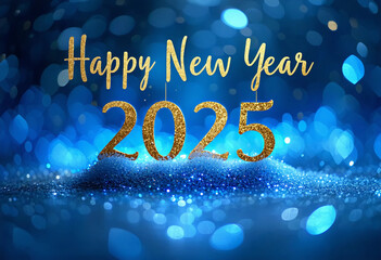 Celebrating the arrival of 2025 with a sparkling blue background and golden lettering wishing a happ