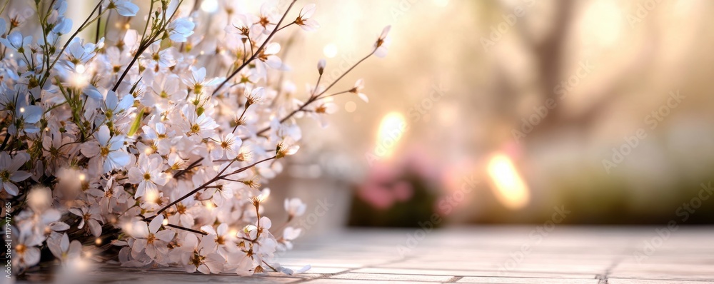Poster experience the beauty of spring with this image of a cobblestone path lined with spring flowers, the