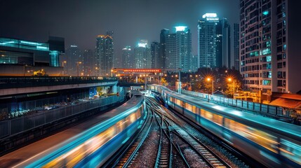 Fototapeta premium Night Cityscape with High-Speed Train