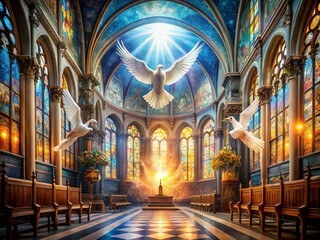 Fototapeta premium Double Exposure: Holy Spirit Church, Spiritual Overlay, Abstract Religious Art, Sacred Space Photography