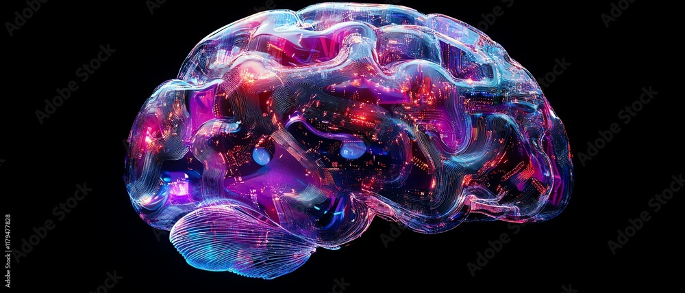 Poster a conceptual ai brain, formed from digital circuits and vibrant data streams, showcasing the develop