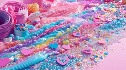 Whimsical Pastel Rainbow Slime with Glitter Hearts Confetti Cute Crafts Background

