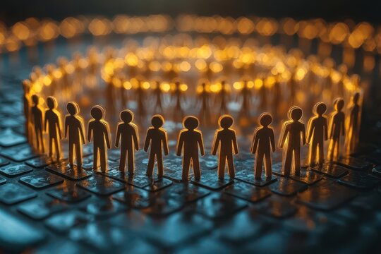 digital community network visualization with paper cut style human figures standing in unity circle on computer keyboard representing virtual connection