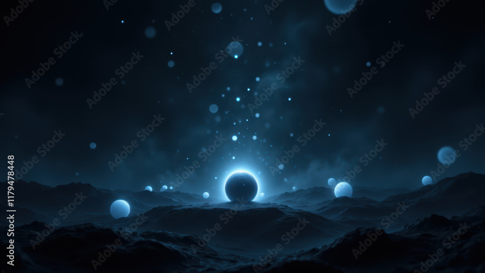 Poster abstract space background with glowing orbs and nebulae.