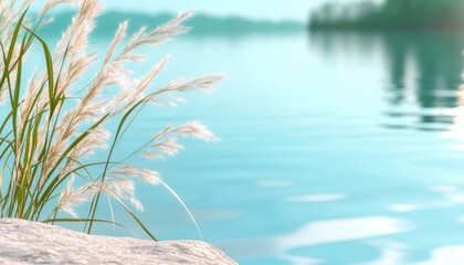 Obraz premium Experience the serene beauty of a tranquil spring lakeside where tall grass sways gently in the soft breeze, its golden hues a striking contrast to the clear blue sky See the ethereal reflections of