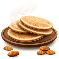 Freshly Made Almond Pancakes on a Wooden Plate with Steaming Aroma and Almonds on the Side