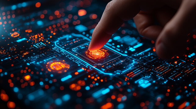 Virtual screen where human finger presses button with icons, business concept of new year or innovative idea and change to success in modern technology, digital marketing, social media and online sale