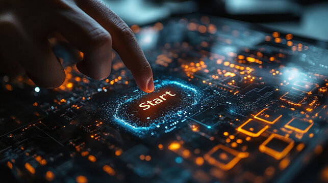 Virtual screen where human finger presses button with icons, business concept of new year or innovative idea and change to success in modern technology, digital marketing, social media and online sale