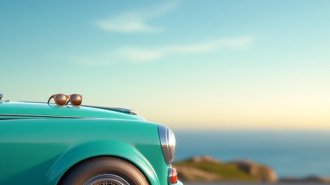 Vintage Car with Sunglasses on Coastal Road. Generative AI