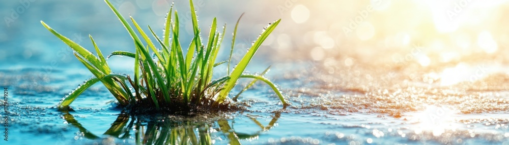 Poster experience the serenity of the morning with this captivating image showcasing the texture of dewy gr
