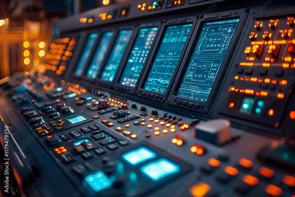 Poster close-up view of a complex technological control panel with illuminated buttons and digital displays