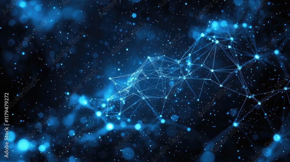 Poster abstract network connections: futuristic digital space exploration. glowing nodes and lines in dark 
