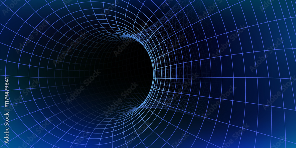 Wall mural wireframe tunnel featuring glowing blue grid curves into a dark center evokes themes of futuristic t