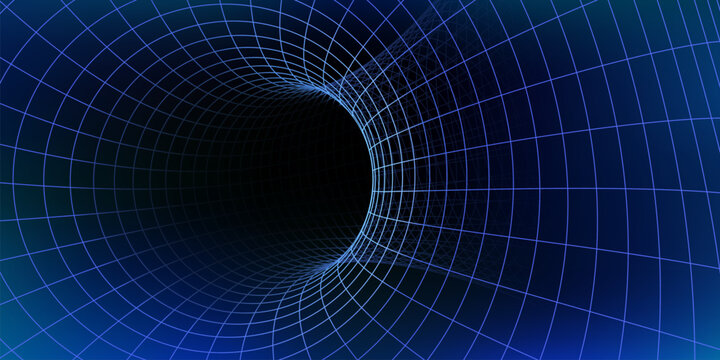 Wireframe tunnel featuring glowing blue grid curves into a dark center evokes themes of futuristic technology and innovation. Vector background with hole and mesh cerates a sense of movement and depth