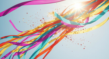 Fototapeta premium Colorful ribbons flying in the air with bright sun and sharp colors, abstract scenery, generative AI