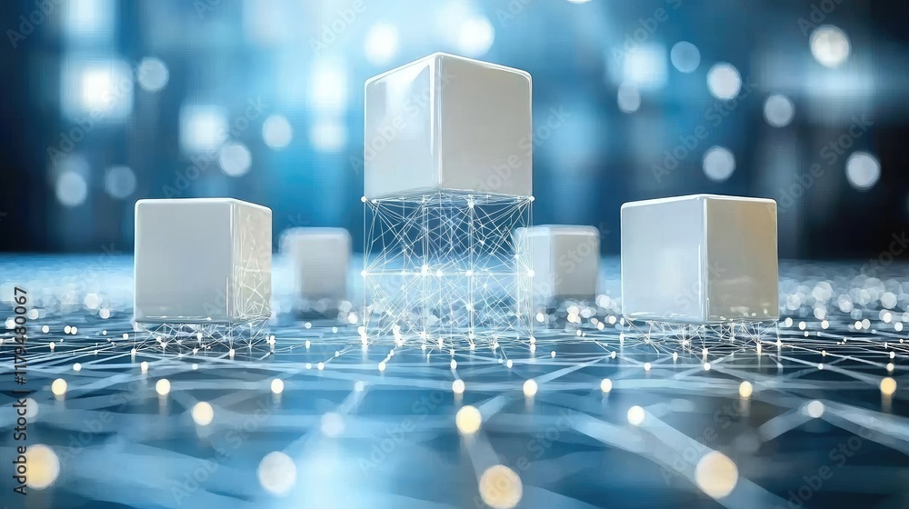 Poster abstract network: cubes and connections in digital space. futuristic technology concept. interconnec