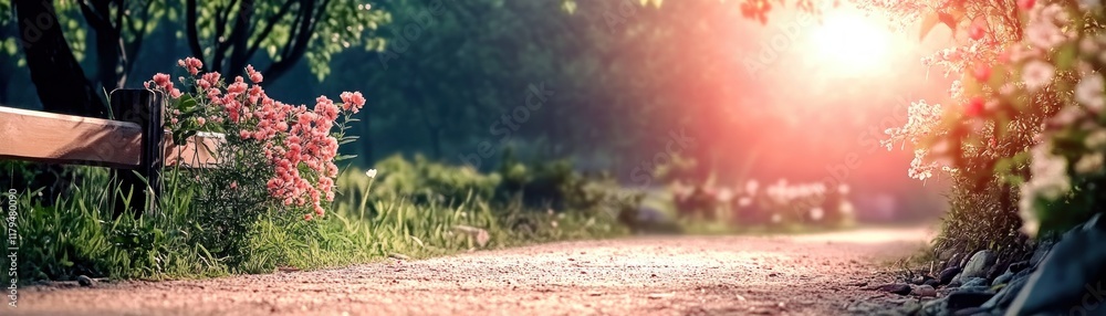 Poster explore a serene forest path where sunlight filters through the leaves, creating a beautiful interpl
