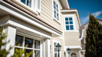 Exterior of Beige House with White Trim and Windows