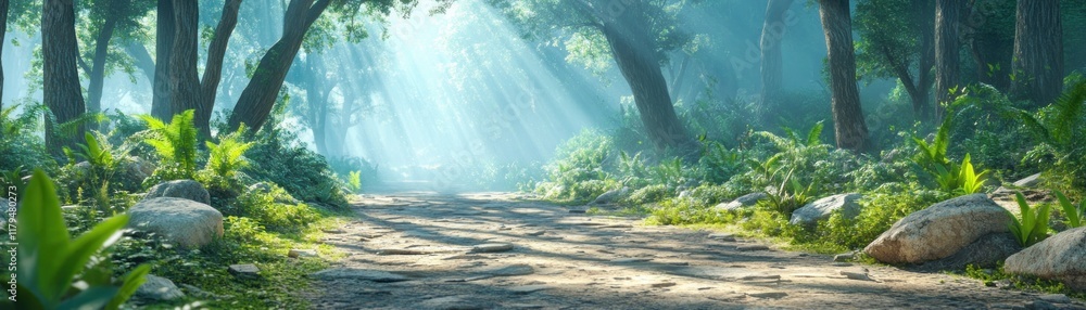 Aufkleber explore a serene and tranquil forest trail, alive with shadows and soft light filtering through the 