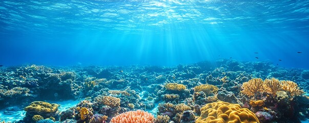 Fototapeta premium A plastic carrier bag drifting in pristine blue ocean water, with coral reefs and marine life around, symbolizing the growing issue of underwater pollution