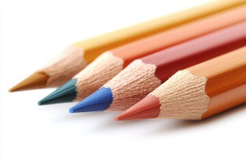 Four colored pencils on a white background, close-up. The pencils are arranged in a row, with the tips facing the camera.