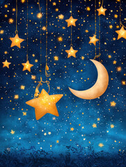 Naklejka premium whimsical night sky filled with glowing stars and crescent moon, creating magical atmosphere. deep blue background enhances enchanting scene