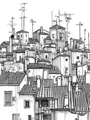 Obraz premium A hand-drawn cityscape with rooftops and antennas in black and white. 