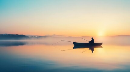 Fisherman casting a line into calm waters, waiting quietly for the right catch, perseverance, determination, patience