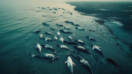 Naklejka premium Aerial View of Beach Whale Stranding, Aquatic Mammals Dying