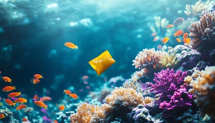 A single plastic carrier bag drifting aimlessly in the crystalclear ocean, surrounded by colorful fish and coral, highlighting underwater pollution