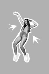 Composite collage photo of young excited energetic dancer woman wear summer outfit hands up celebrate shopping season isolated on pink background