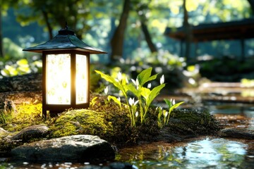 Explore the serenity of an ancient forest undergoing renewal, with saplings sprouting among moss-covered roots and fallen logs, illuminated by the gentle glow of a lantern Discover the vibrant
