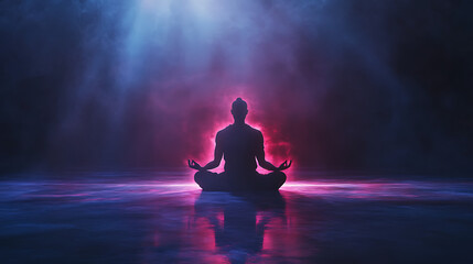 A silhouetted figure meditating, surrounded by ethereal light and vibrant colors.