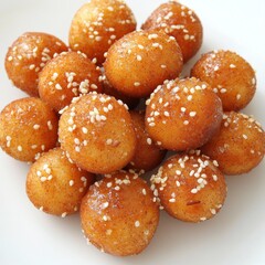 Delicious Golden Fried Dough Balls Coated with Sugar and Sesame Seeds on a White Plate